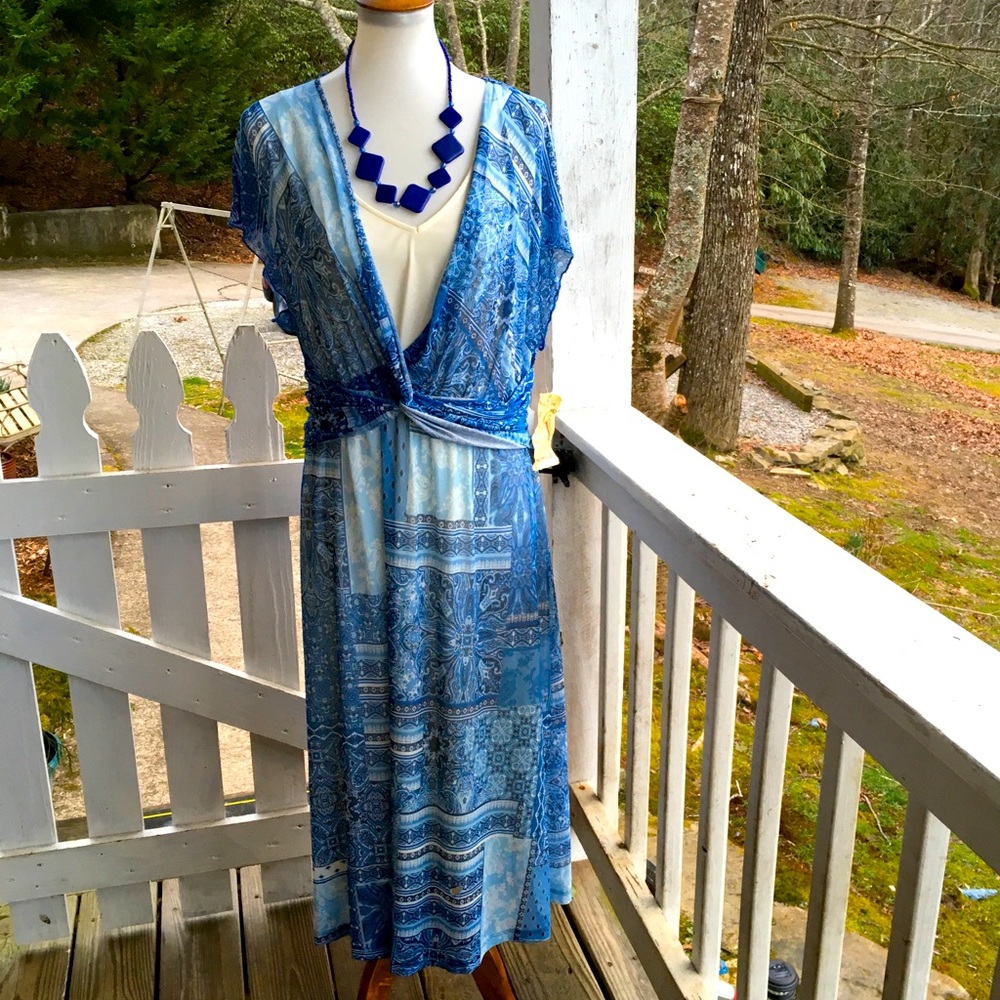 One World Blues Print Dress PXL FREE SHIP